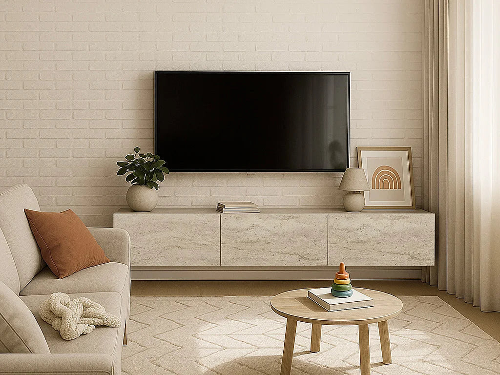 Meuble TV Japandi suspendu 3 portes effet travertin 180 x 29,5 cm - Vikila