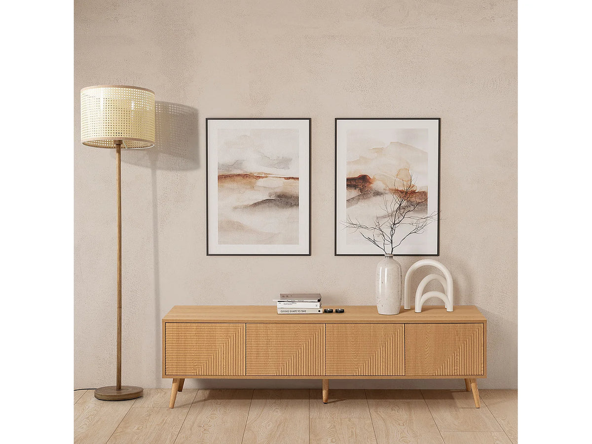 Meuble TV Japandi 4 portes push to open en mélamine effet chêne 160 x 45 cm - Telmo