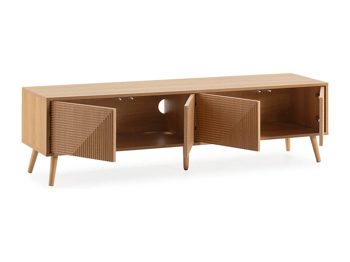Meuble TV Japandi 4 portes push to open en mélamine effet chêne 160 x 45 cm - Telmo