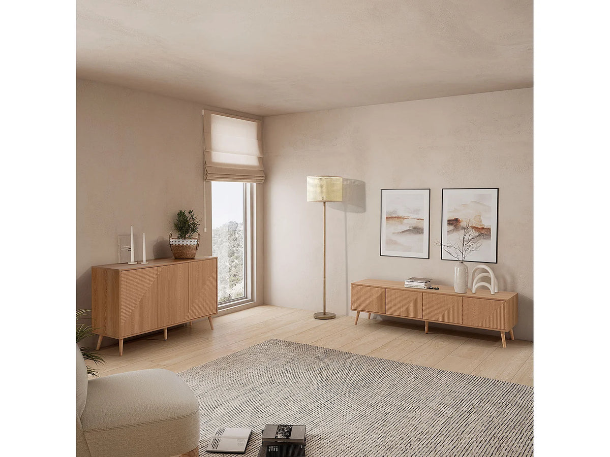 Meuble TV Japandi 4 portes push to open en mélamine effet chêne 160 x 45 cm - Telmo