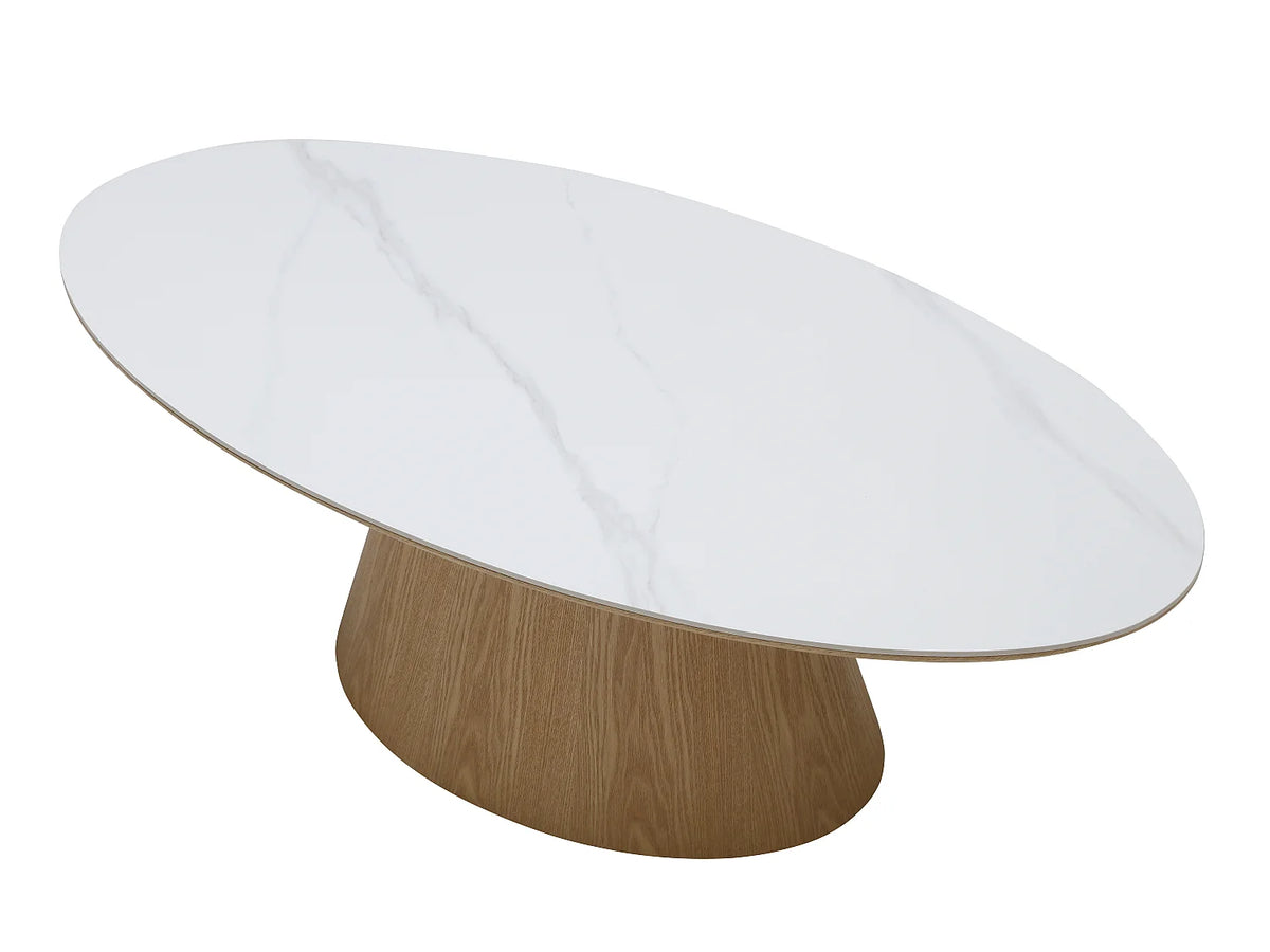 Table basse Japandi ovale en céramique effet marbre blanc et chêne 120 x 60 cm - Antelada