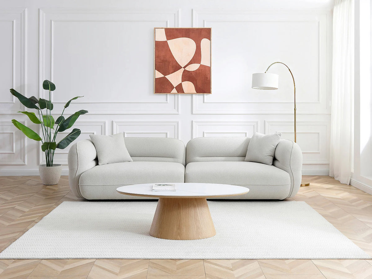 Table basse Japandi ovale en céramique effet marbre blanc et chêne 120 x 60 cm - Antelada