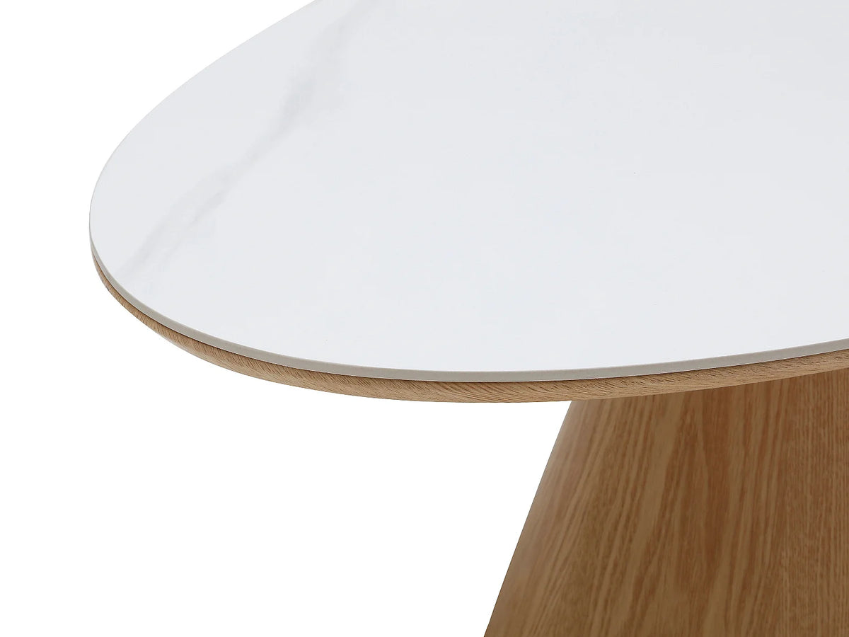 Table basse Japandi ovale en céramique effet marbre blanc et chêne 120 x 60 cm - Antelada