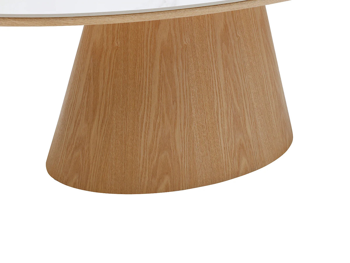 Table basse Japandi ovale en céramique effet marbre blanc et chêne 120 x 60 cm - Antelada