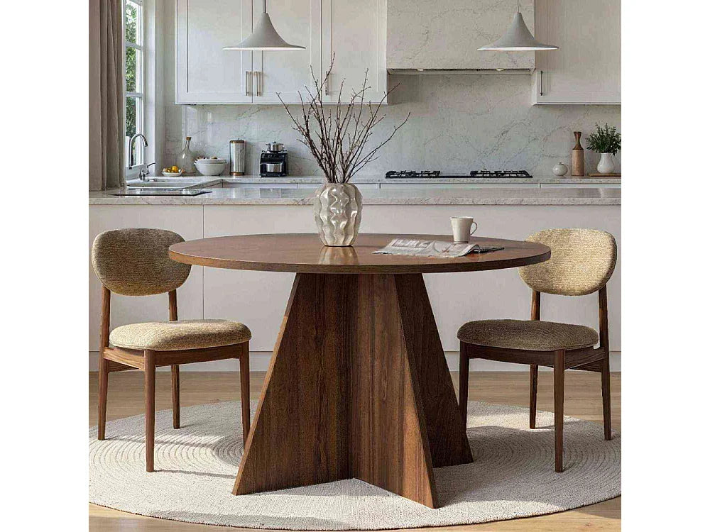 Table à manger ronde Japandi 6 personnes en aggloméré mélaminé naturel foncé Ø 120 cm - Virella