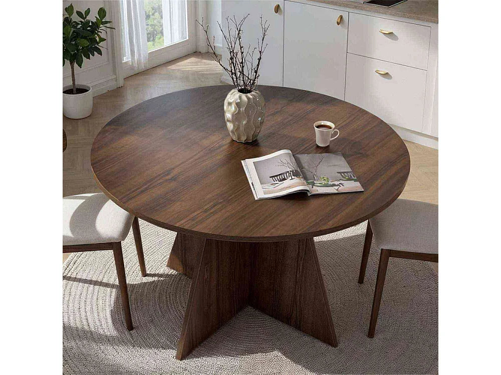 Table à manger ronde Japandi 6 personnes en aggloméré mélaminé naturel foncé Ø 120 cm - Virella