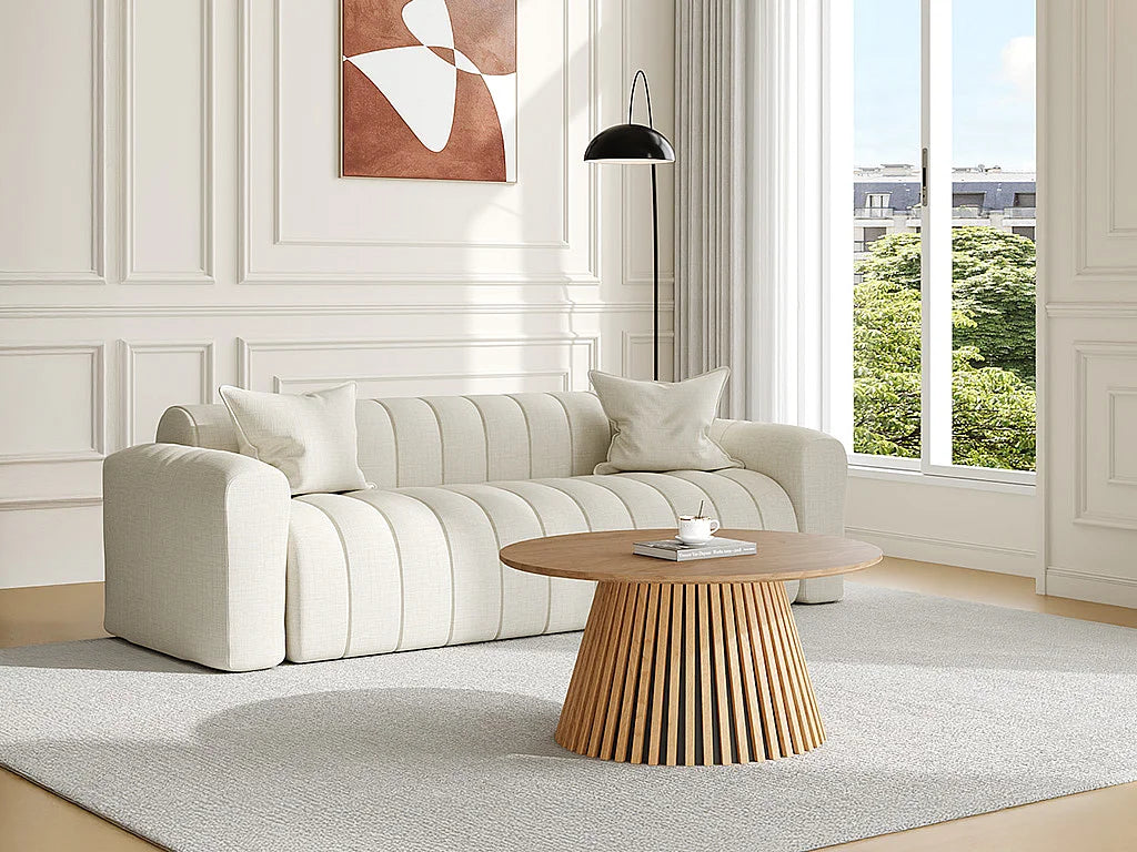 Table basse Japandi ronde en placage de chêne naturel clair Ø 90 cm - Carmiza