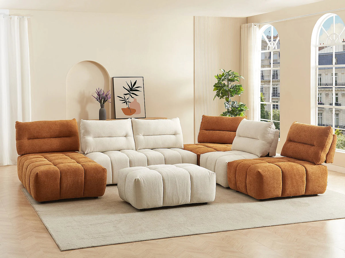 Canapé d'angle Japandi panoramique modulable 7 places avec pouf en tissu texturé beige et terracotta 370 cm - Apoliu