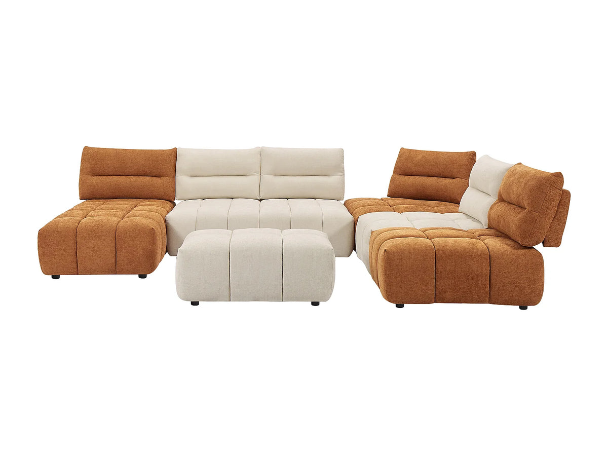 Canapé d'angle Japandi panoramique modulable 7 places avec pouf en tissu texturé beige et terracotta 370 cm - Apoliu