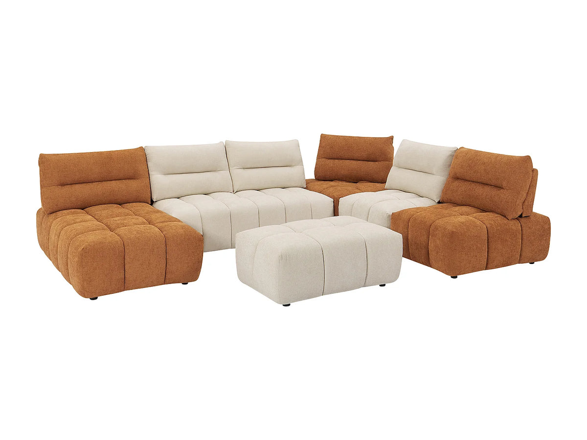 Canapé d'angle Japandi panoramique modulable 7 places avec pouf en tissu texturé beige et terracotta 370 cm - Apoliu