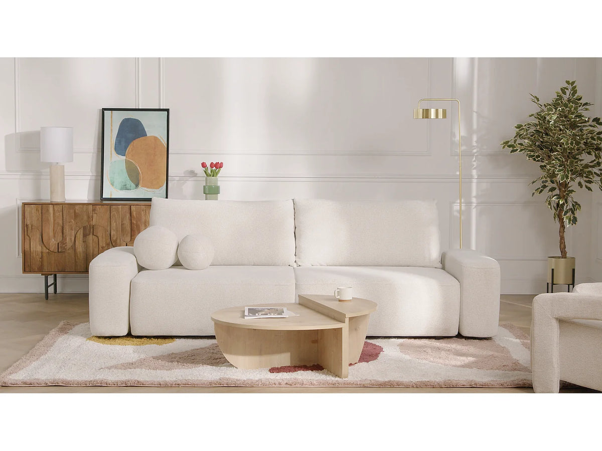 Canapé Japandi 4 places convertible avec coffre en tissu chiné crème 257 cm - Daviso
