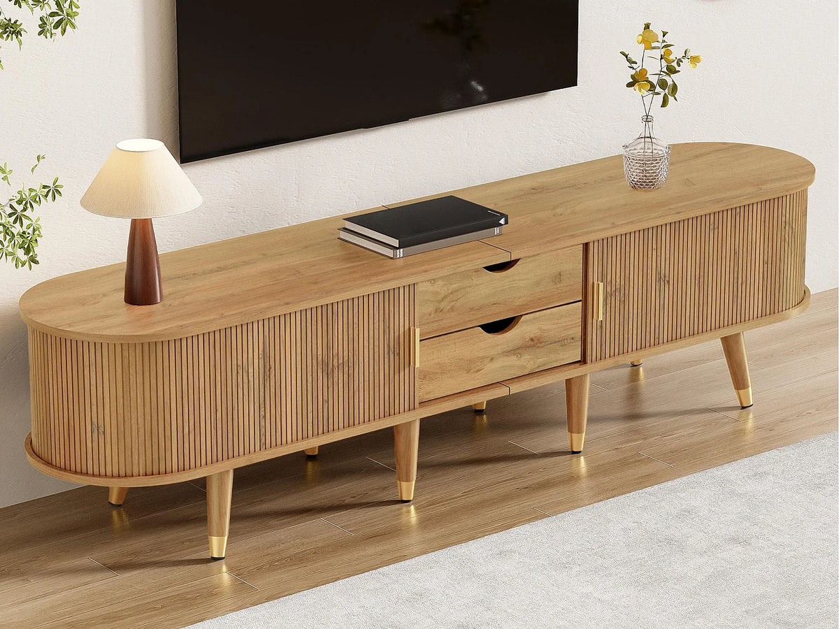 Meuble TV Japandi 2 portes coulissantes et 2 tiroirs en MDF effet bois naturel 175 x 45 cm