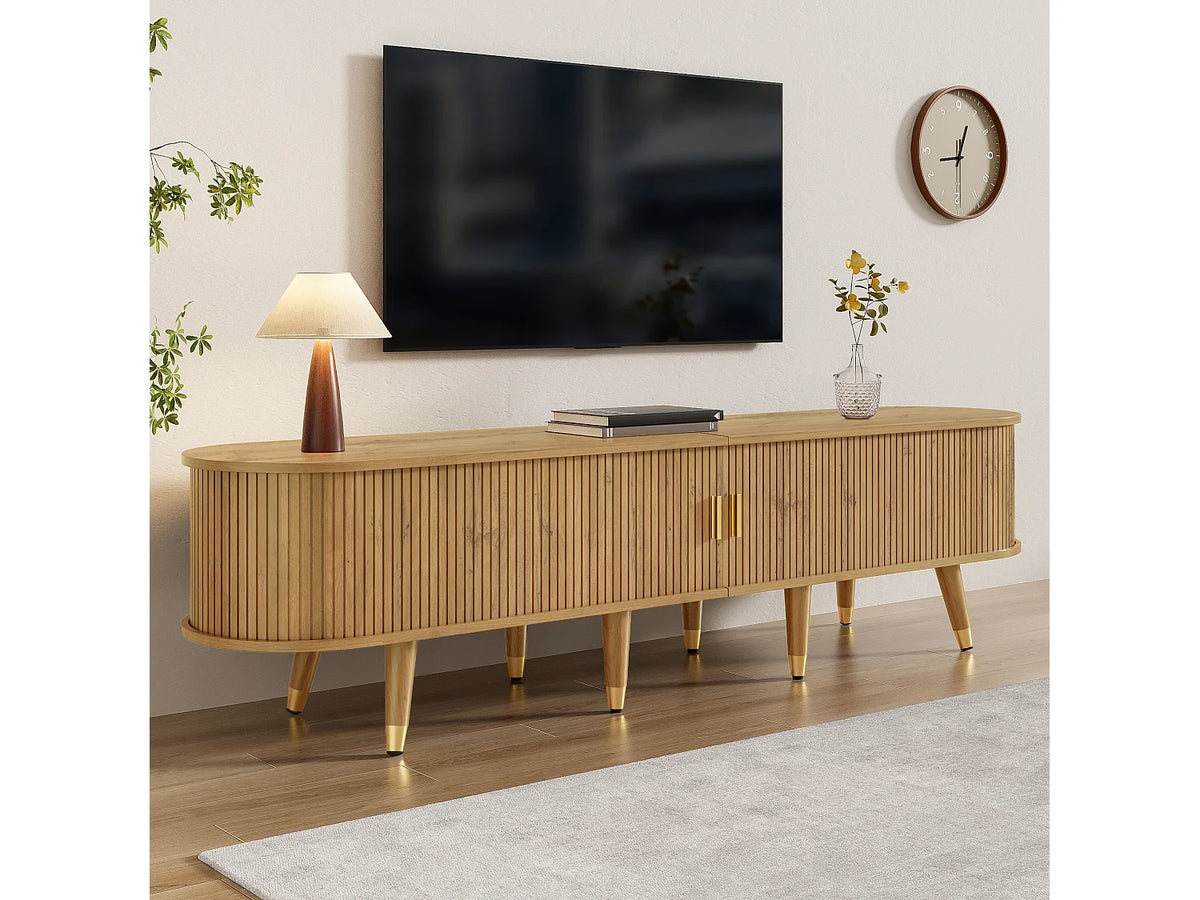 Meuble TV Japandi 2 portes coulissantes et 2 tiroirs en MDF effet bois naturel 175 x 45 cm