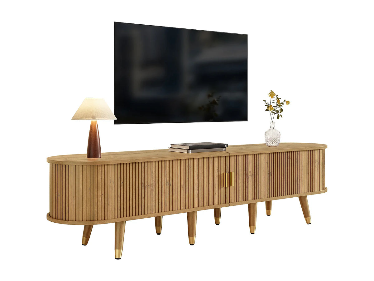 Meuble TV Japandi 2 portes coulissantes et 2 tiroirs en MDF effet bois naturel 175 x 45 cm