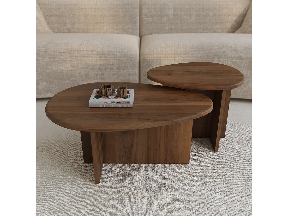 Lot de 2 tables basses Japandi gigognes en placage noyer 75 x 50 cm - Cedra