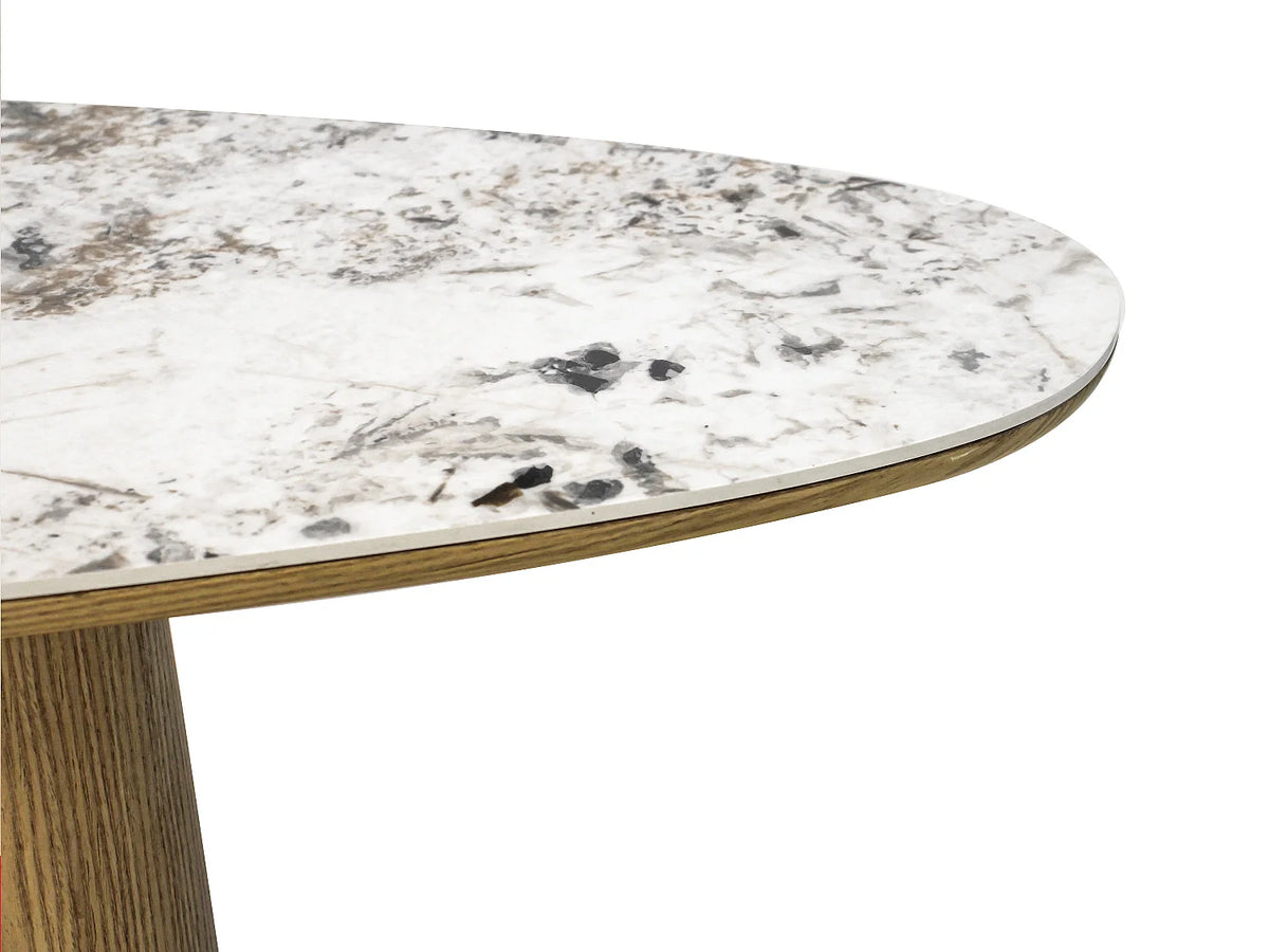 Console Japandi ovale en céramique effet marbre blanc et MDF naturel 150 x 80 cm - Modreyo