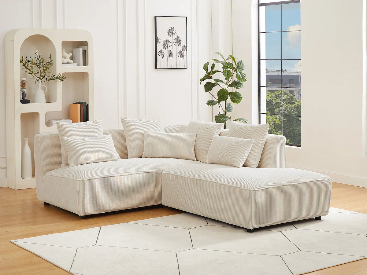 Petit canapé d'angle Japandi droit 4 places en velours côtelé beige 185 cm - Mecodi