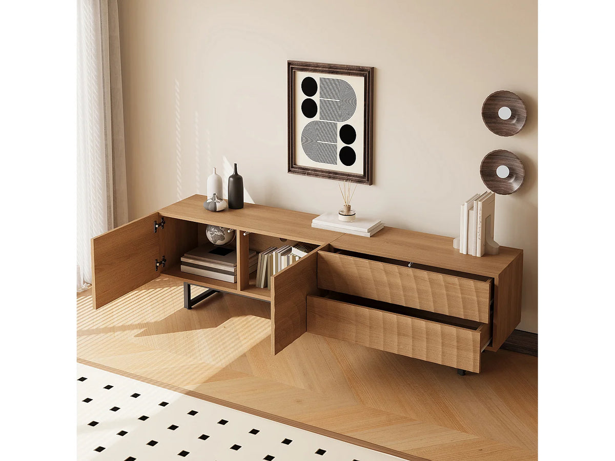 Meuble TV Japandi 2 portes et 2 tiroirs façade ondulée effet bois naturel 180 x 51,5 cm