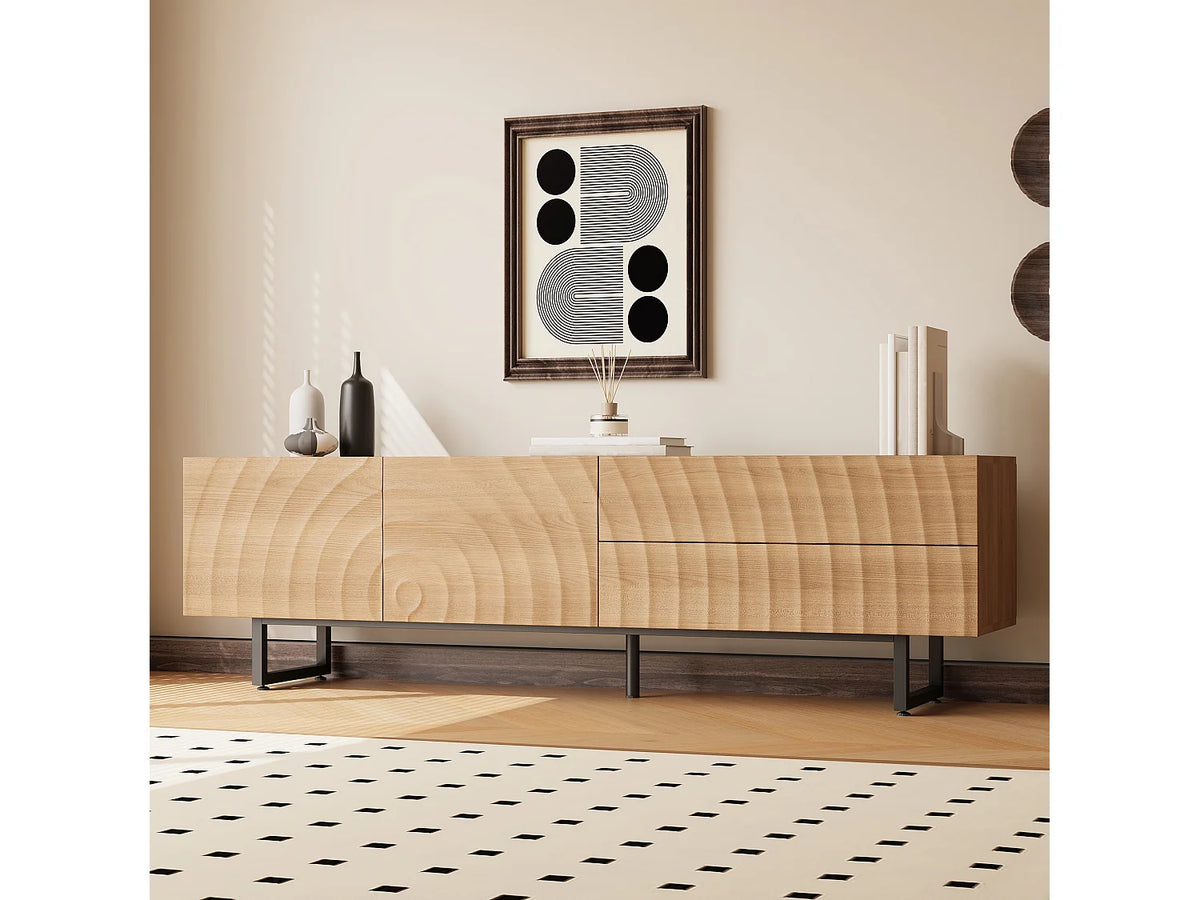 Meuble TV Japandi 2 portes et 2 tiroirs façade ondulée effet bois naturel 180 x 51,5 cm