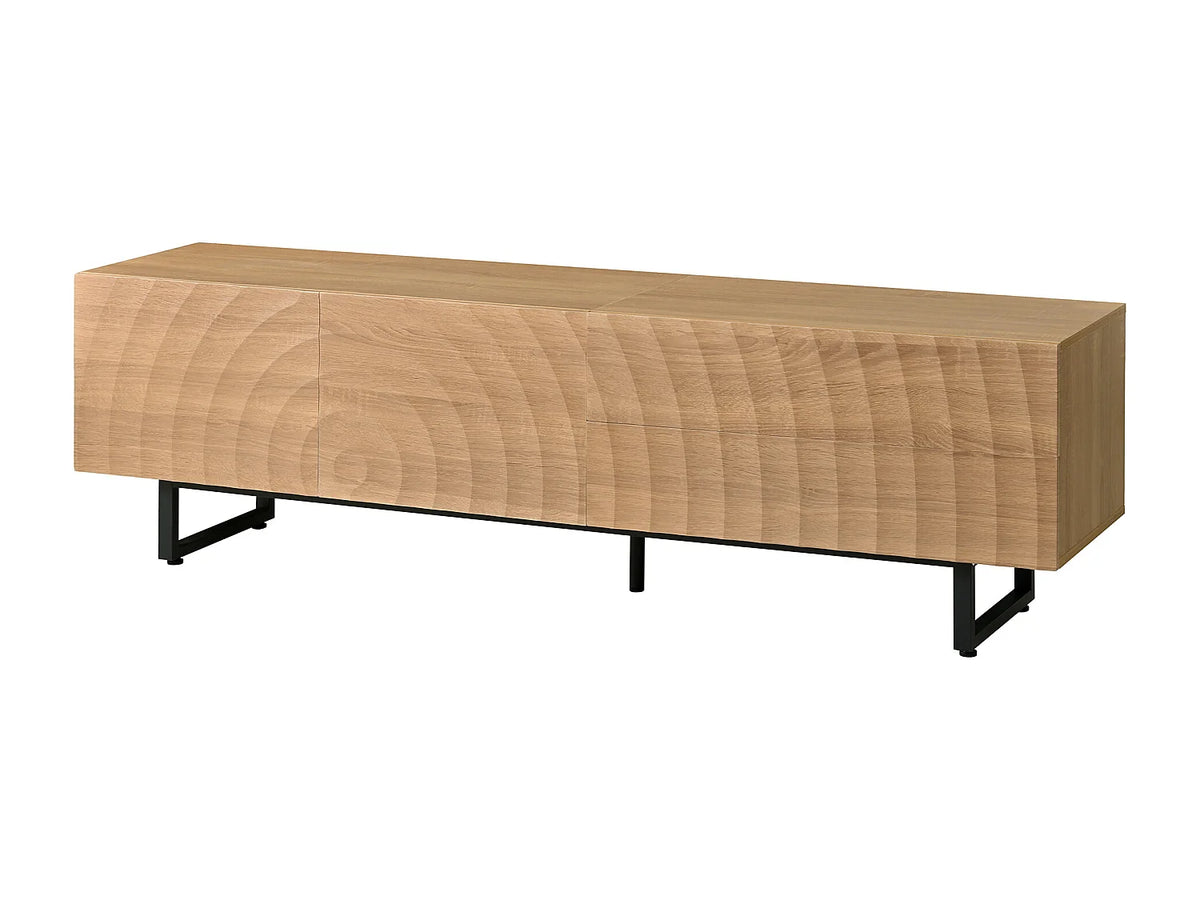 Meuble TV Japandi 2 portes et 2 tiroirs façade ondulée effet bois naturel 180 x 51,5 cm