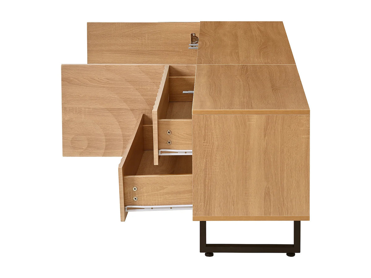 Meuble TV Japandi 2 portes et 2 tiroirs façade ondulée effet bois naturel 180 x 51,5 cm