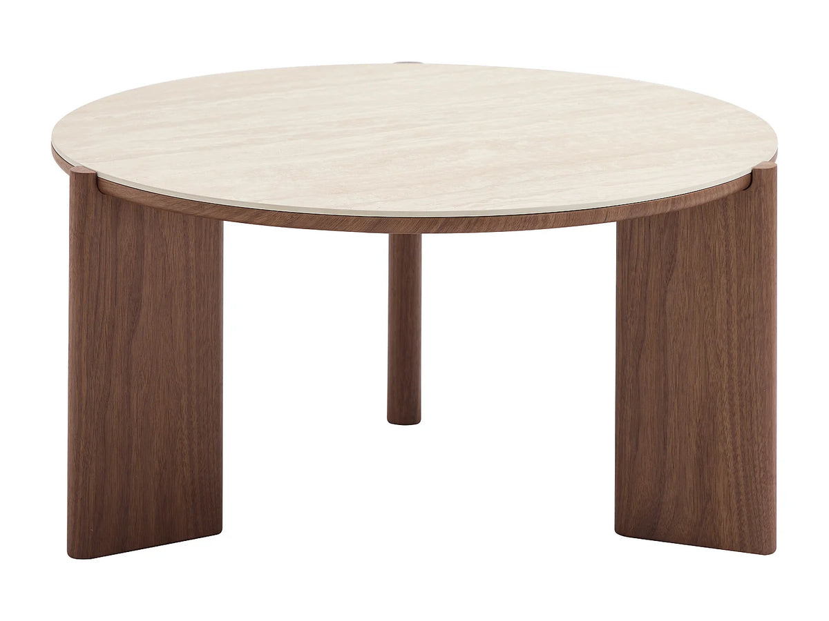 Table basse Japandi ronde en céramique effet travertin et placage noyer 85 x 80 cm - Munyra