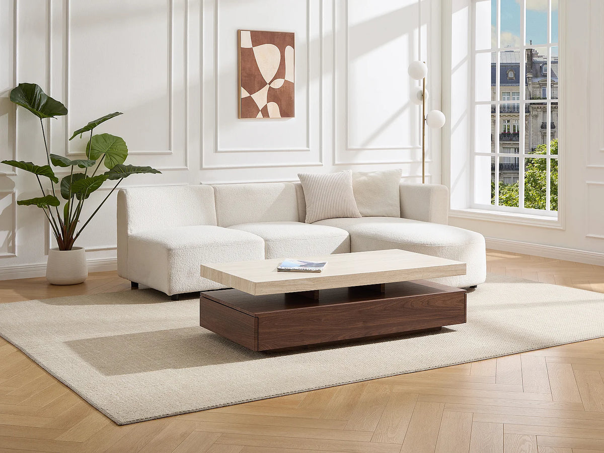 Table basse Japandi avec 2 tiroirs en MDF effet travertin et naturel foncé 120 x 60 cm - Felix