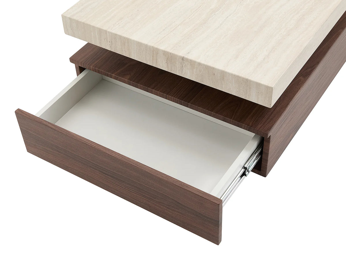 Table basse Japandi avec 2 tiroirs en MDF effet travertin et naturel foncé 120 x 60 cm - Felix