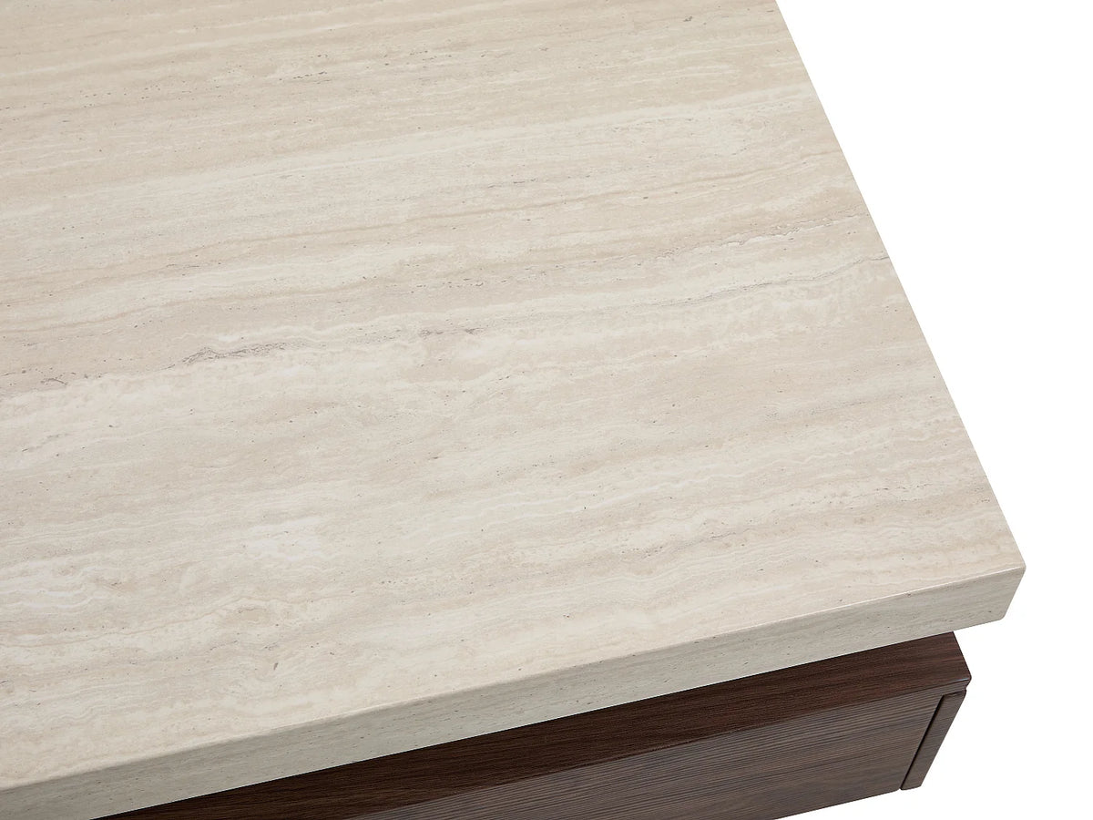 Table basse Japandi avec 2 tiroirs en MDF effet travertin et naturel foncé 120 x 60 cm - Felix