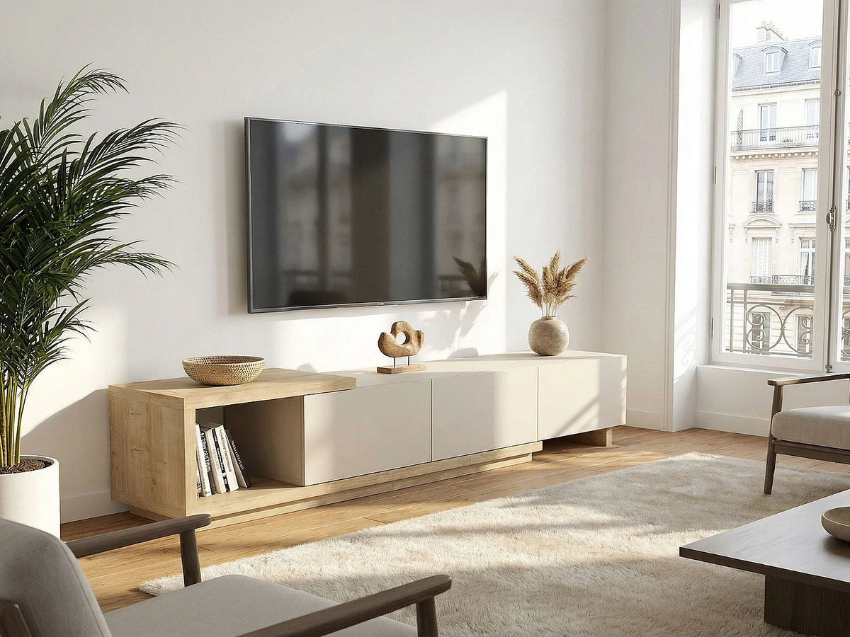 Meuble TV Japandi 3 tiroirs et 1 niche beige et naturel clair 200 x 40 cm - Dukian