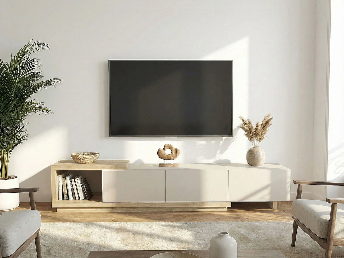 Meuble TV Japandi 3 tiroirs et 1 niche beige et naturel clair 200 x 40 cm - Dukian