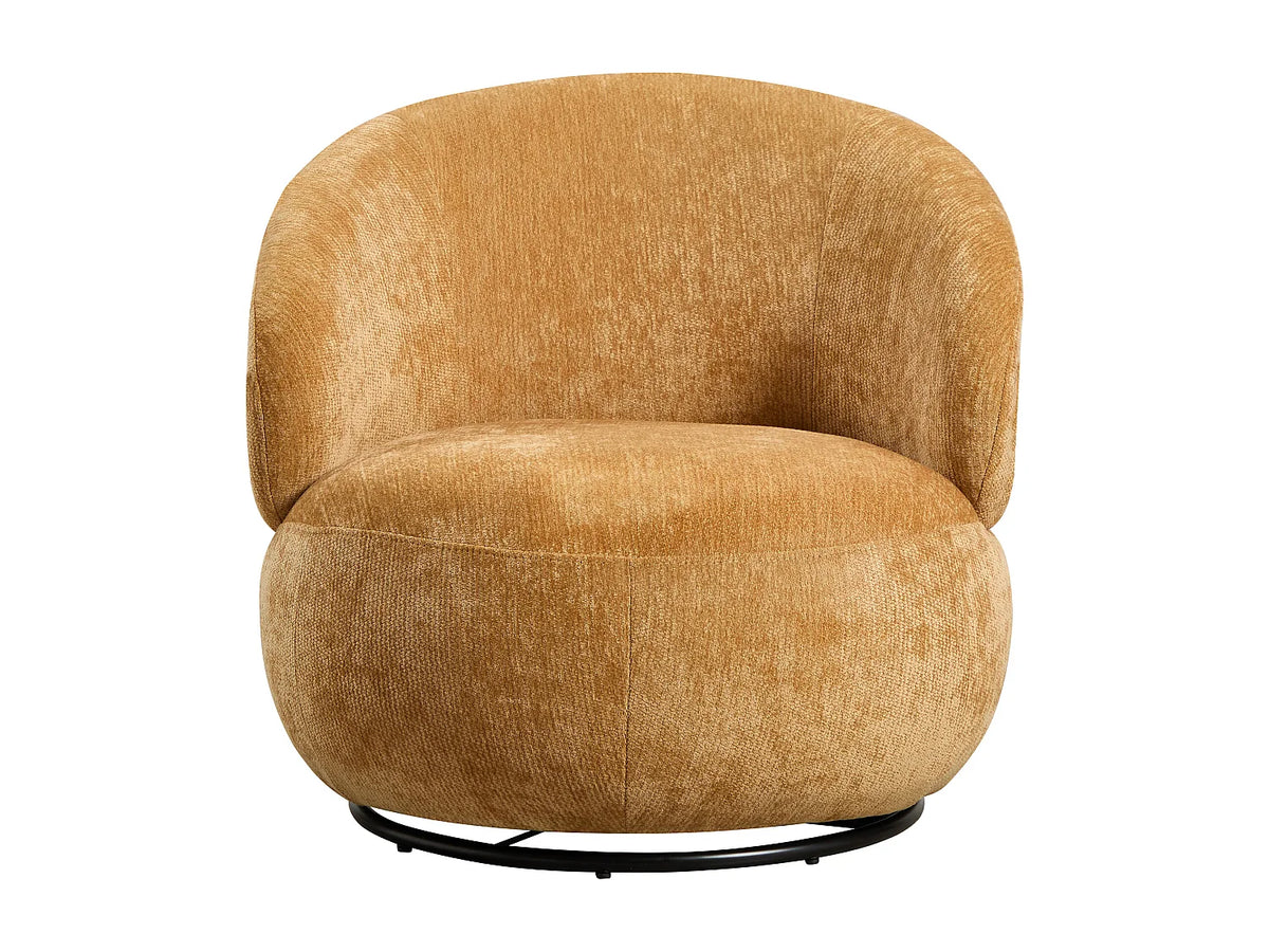 Fauteuil Japandi pivotant rond en tissu texturé jaune moutarde - Lacazo