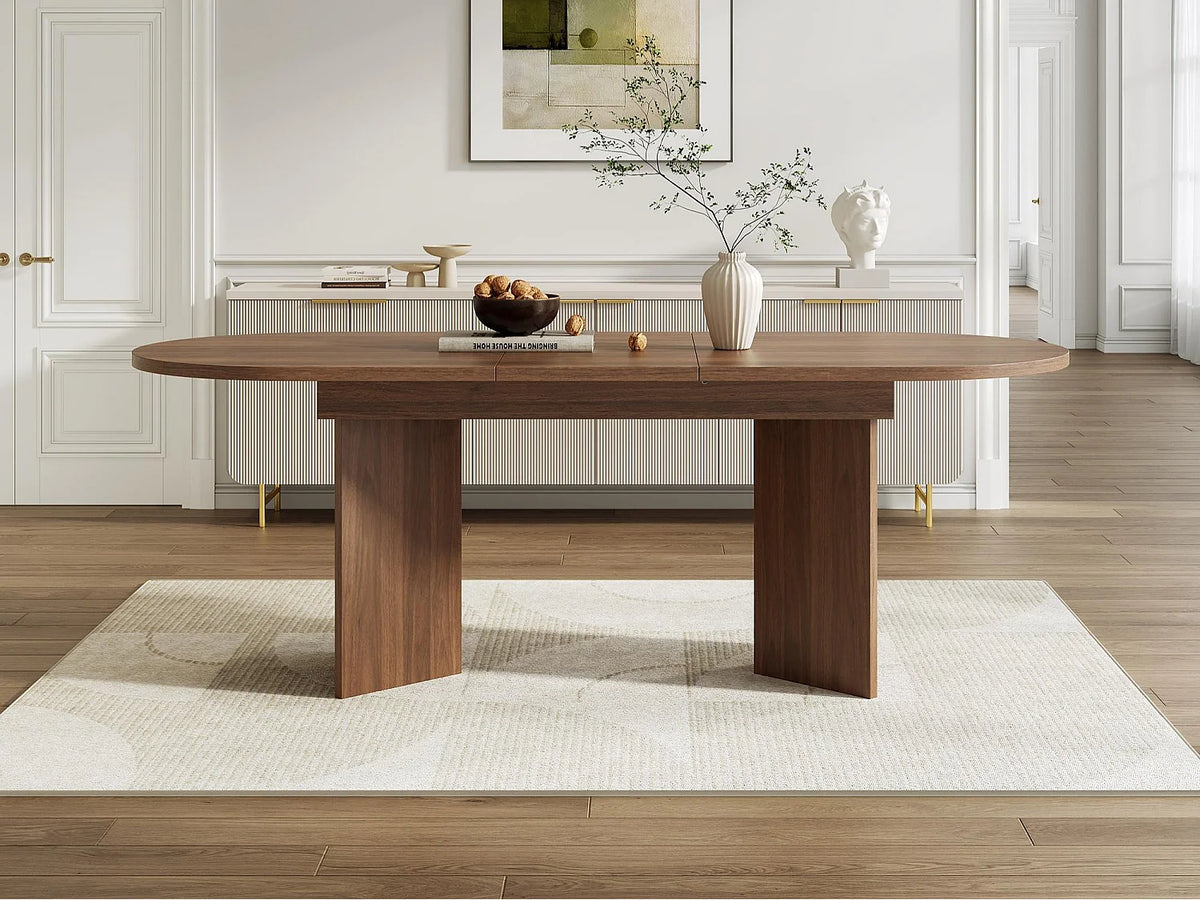 Table à manger ovale Japandi extensible 6 à 8 personnes en MDF marron 140 x 90 cm