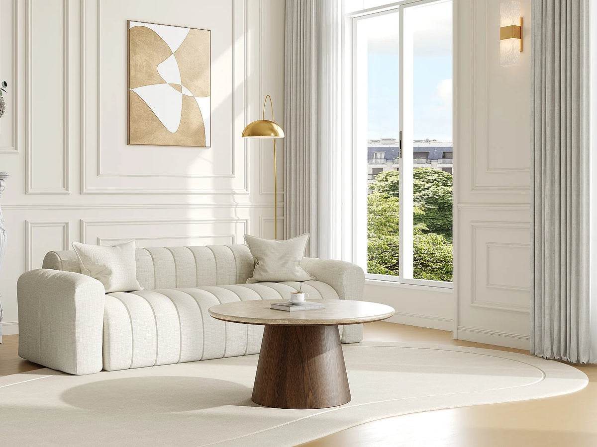 Table basse Japandi ronde en marbre beige et placage noyer Ø 80 cm - Sadura