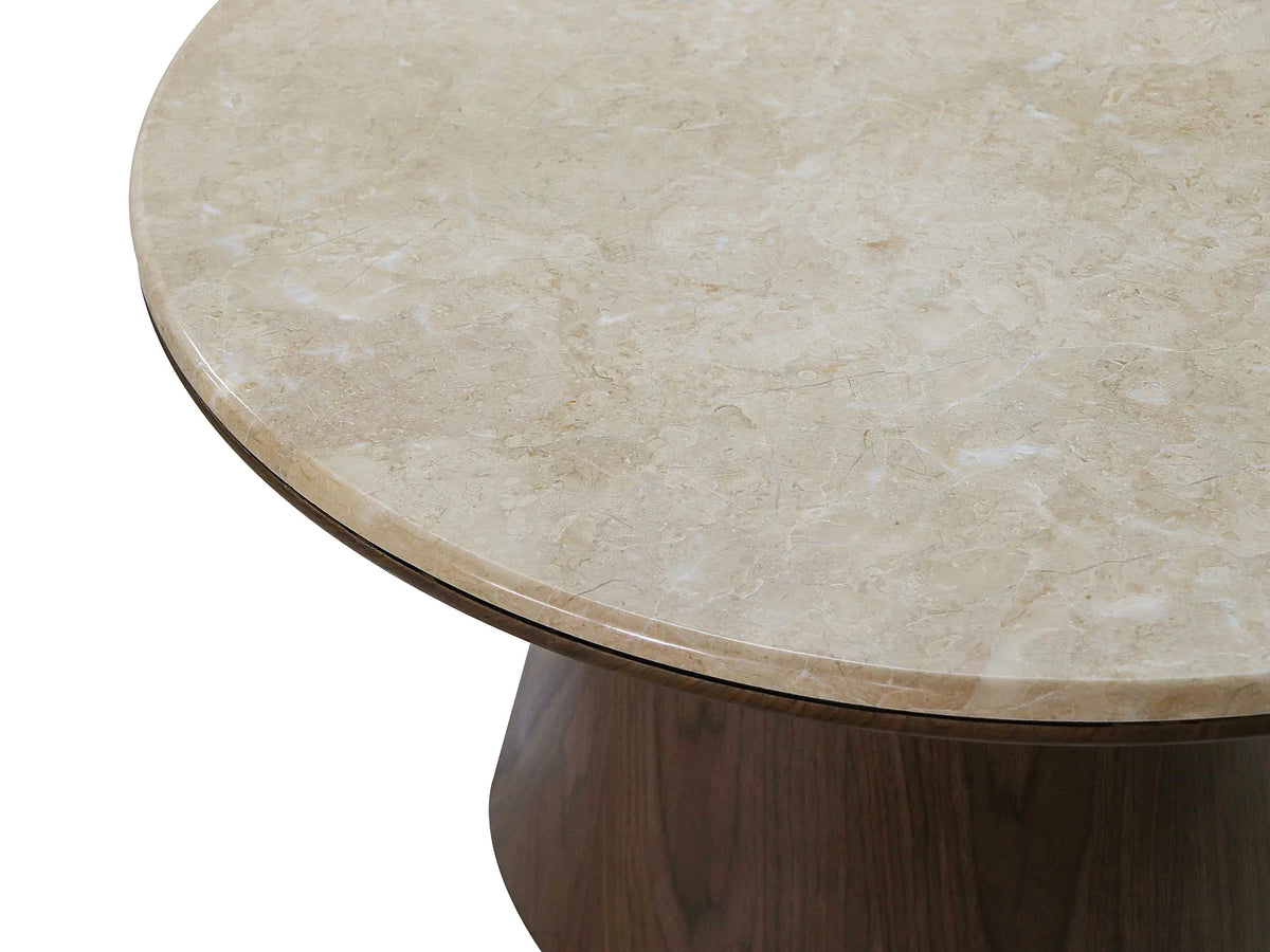 Table basse Japandi ronde en marbre beige et placage noyer Ø 80 cm - Sadura
