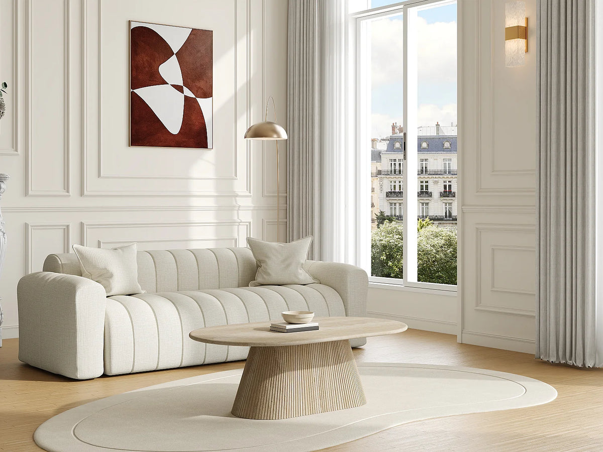 Table basse Japandi ovale en marbre artificiel effet travertin beige 120 x 70 cm - Tifuli