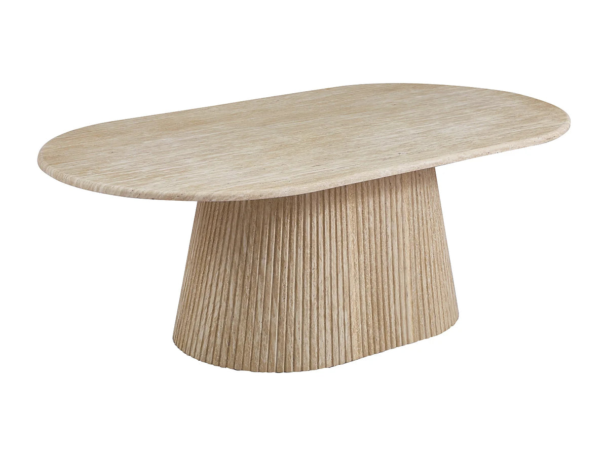 Table basse Japandi ovale en marbre artificiel effet travertin beige 120 x 70 cm - Tifuli