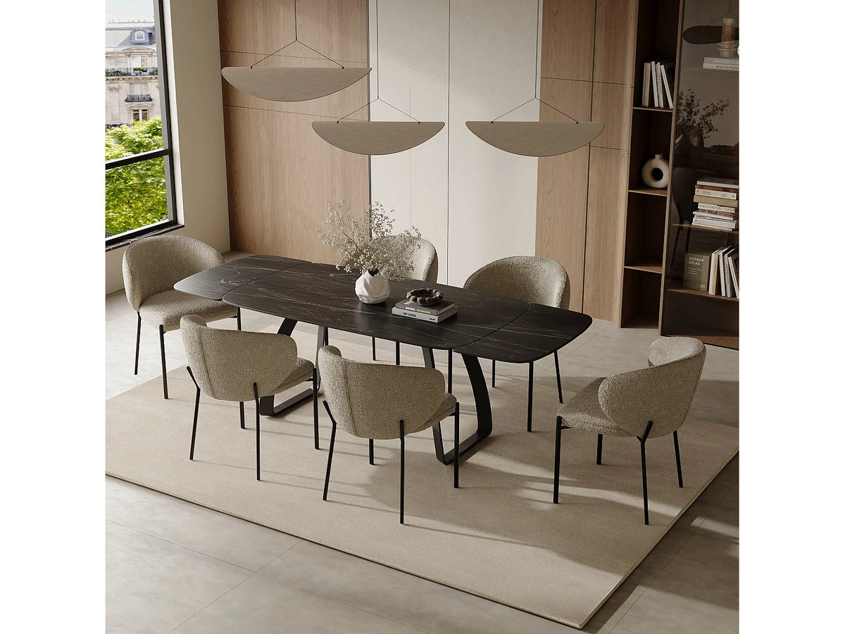 Table à manger Japandi extensible 8 à 10 personnes céramique effet marbre noir 180 x 90 cm - Dahlia