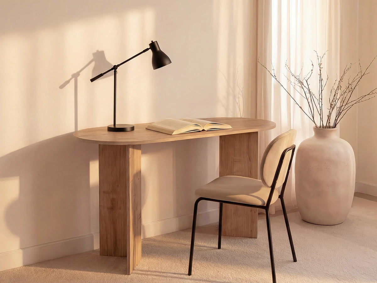 Bureau console Japandi aux lignes arrondies coloris naturel clair 140 x 74 cm - Topania