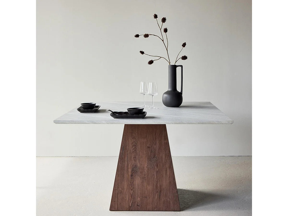 Table à manger carrée Japandi 4 personnes en MDF effet pierre gris et moka 120 x 120 cm - Cael