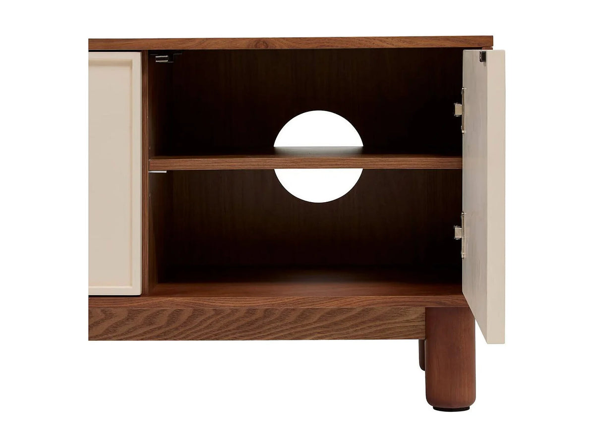 Meuble TV Japandi 2 portes et 1 tiroir façades géométriques effet noyer 140 x 50,5 cm - Jilani