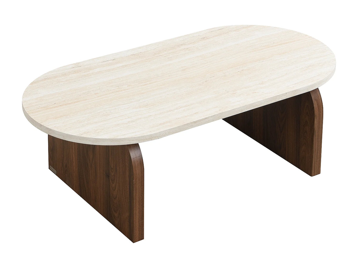 Table basse Japandi ovale en MDF effet travertin beige et naturel foncé 120 x 60 cm - Elrada