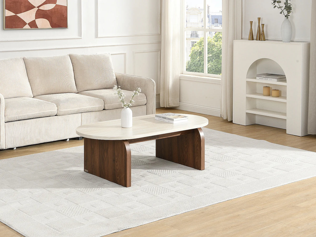Table basse Japandi ovale en MDF effet travertin beige et naturel foncé 120 x 60 cm - Elrada