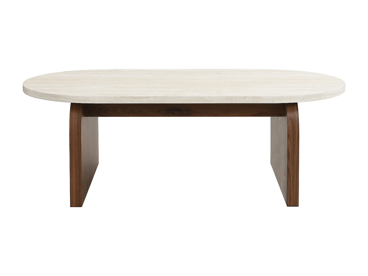 Table basse Japandi ovale en MDF effet travertin beige et naturel foncé 120 x 60 cm - Elrada