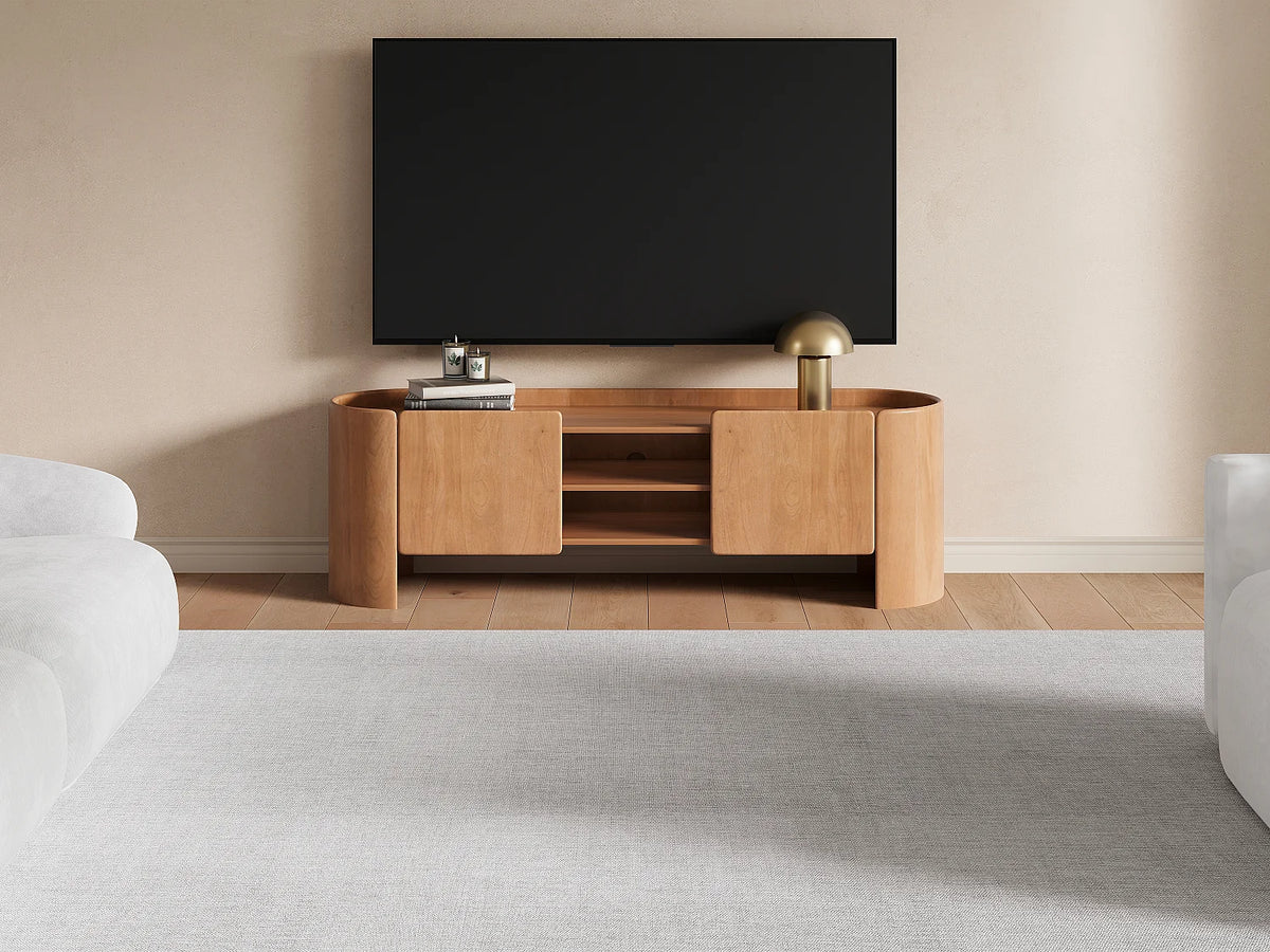 Meuble TV Japandi 2 portes et 2 niches en bois de manguier massif naturel 165 x 50 cm - Islara