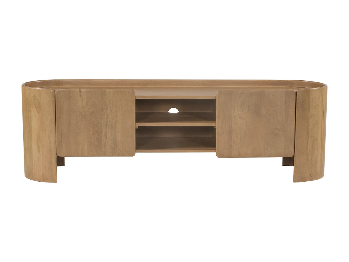 Meuble TV Japandi 2 portes et 2 niches en bois de manguier massif naturel 165 x 50 cm - Islara