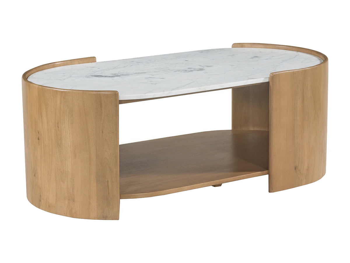 Table basse Japandi ovale avec niche en bois de manguier et marbre blanc 110 x 60 cm - Islara
