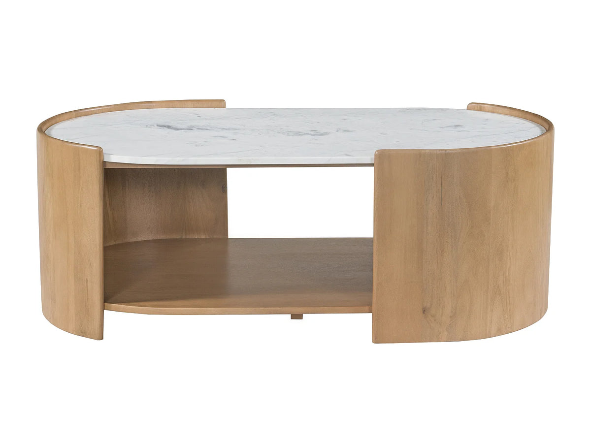 Table basse Japandi ovale avec niche en bois de manguier et marbre blanc 110 x 60 cm - Islara
