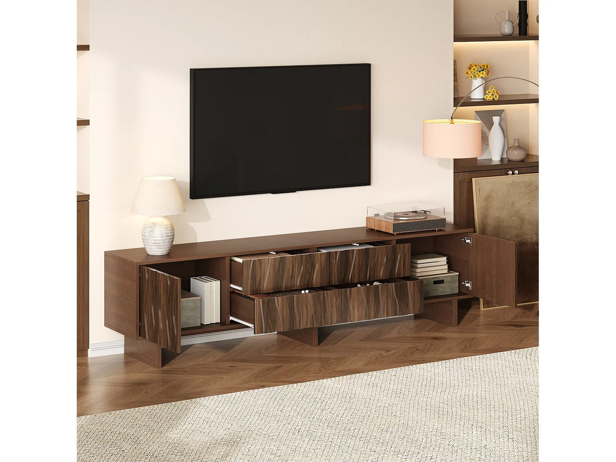 Meuble TV Japandi 4 tiroirs et 2 portes design ondulé effet noyer foncé 180 x 56 cm