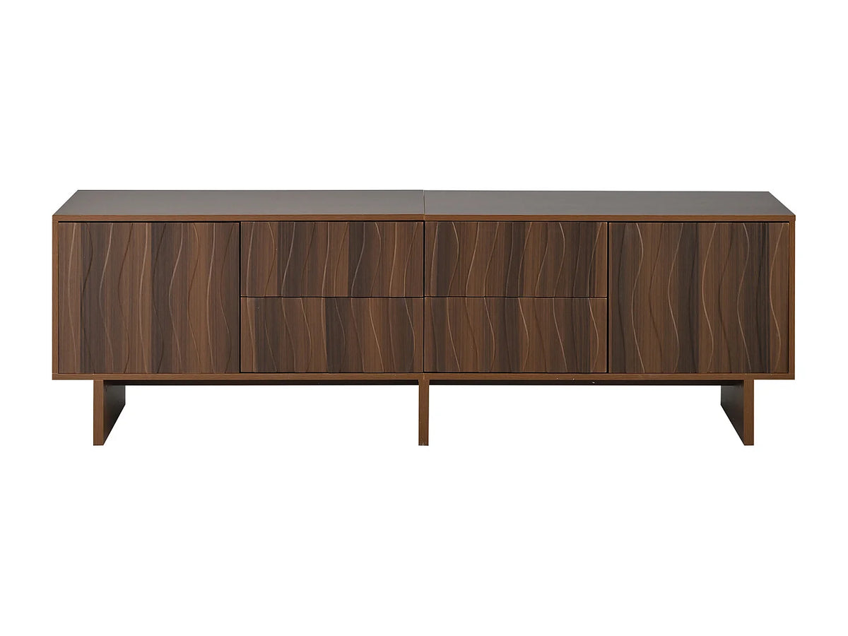 Meuble TV Japandi 4 tiroirs et 2 portes design ondulé effet noyer foncé 180 x 56 cm